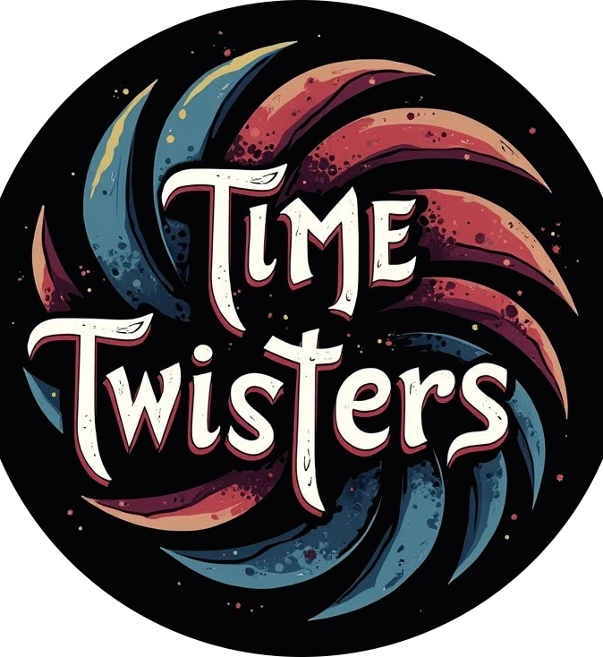 Title "Time Twisters" in a colorful, swirling design on a dark background.