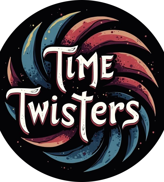 Title "Time Twisters" in a colorful, swirling design on a dark background.